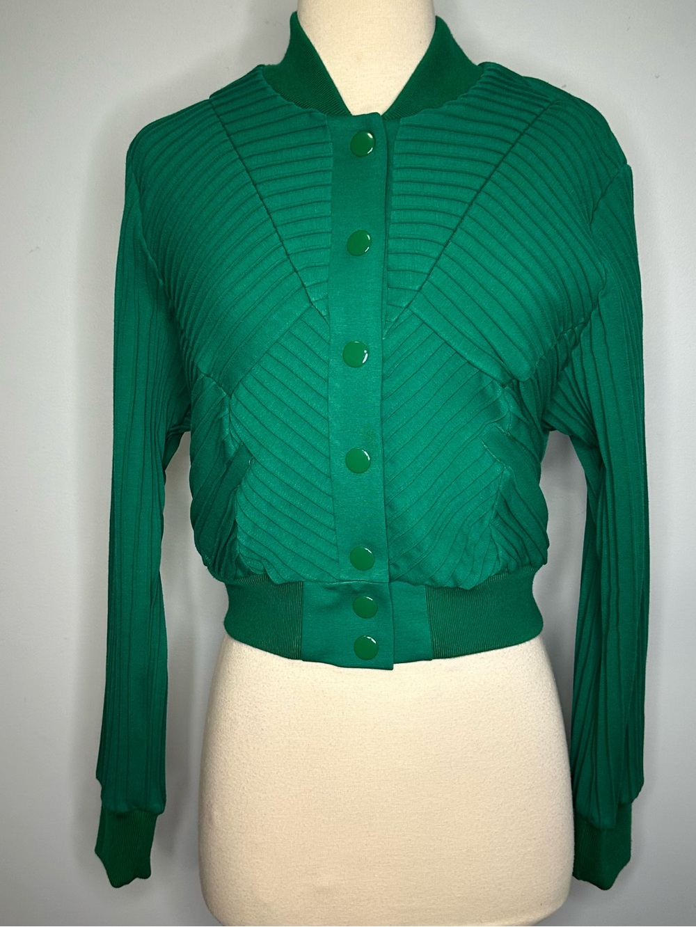 Catherine Malandrino Kelly Green Pintuck Snap Front Knit Bomber Jacket Size M